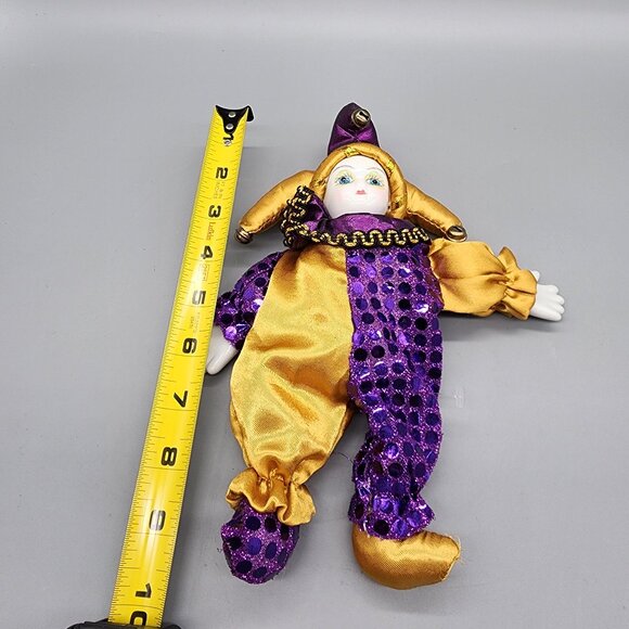 Vintage Porcelain Clown Doll Jester Mardi Gras Harlequin 8" Purple Gold - Picture 6 of 6